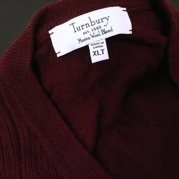 Turnbury Merino Wool Ribbed Cable Knit Sweater V-Neck LS Unisex Mens-XLT Wine - Picture 8 of 11